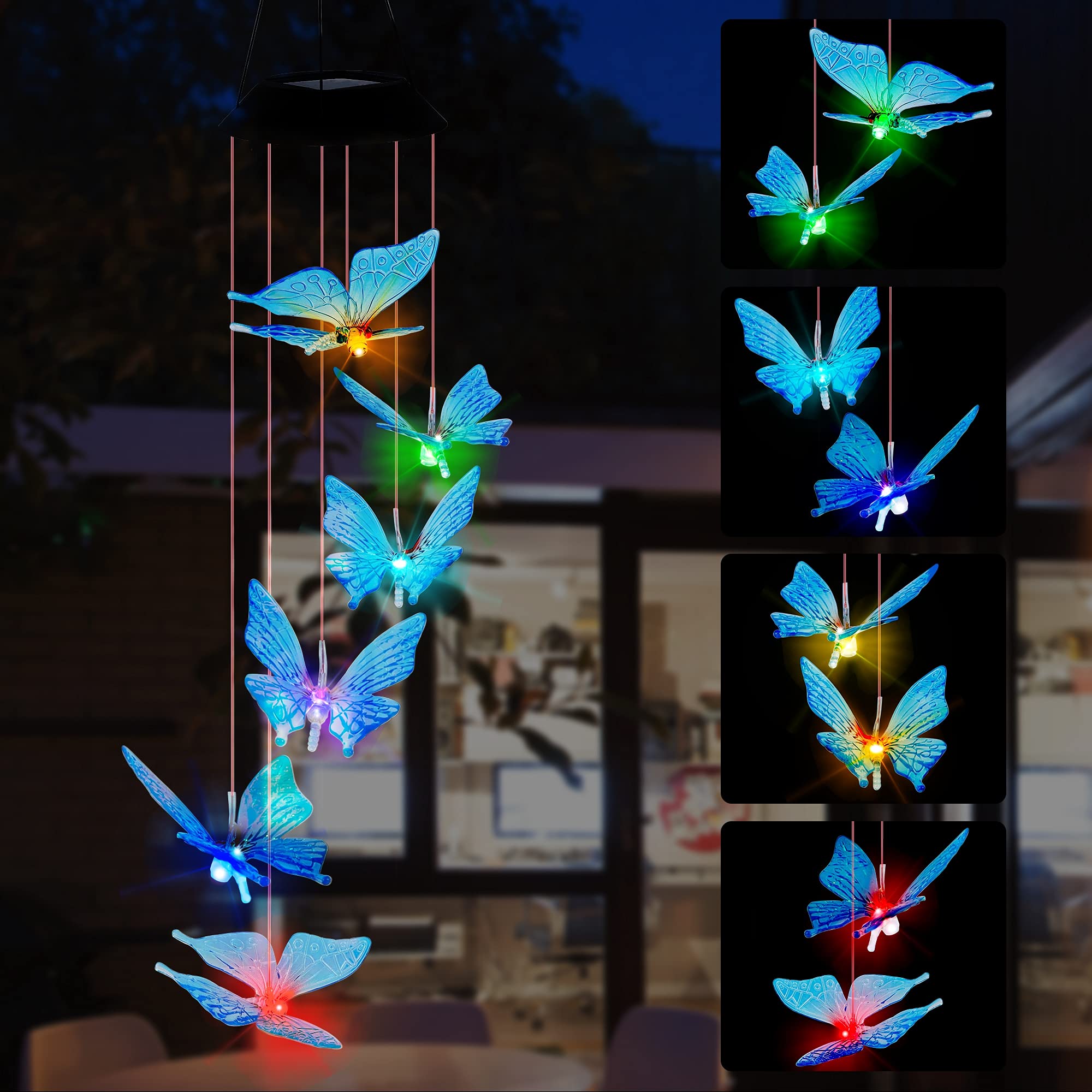 SAND MINE solar wind chimes with blue butterfly glow for porch and garden evenings.