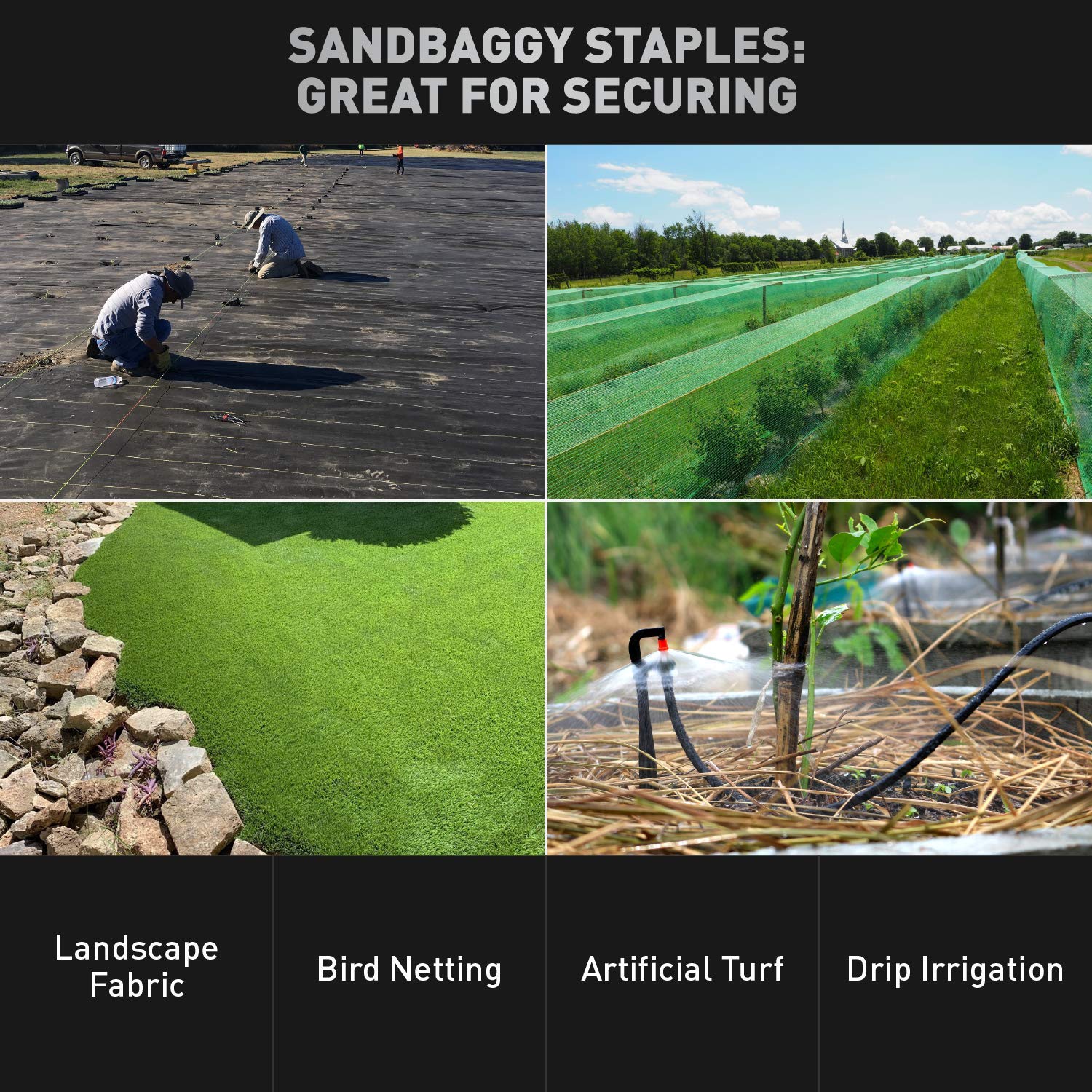 Sandbaggy staples securing landscape fabric on rugged ground.