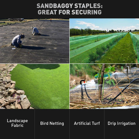 Sandbaggy staples securing landscape fabric on rugged ground.