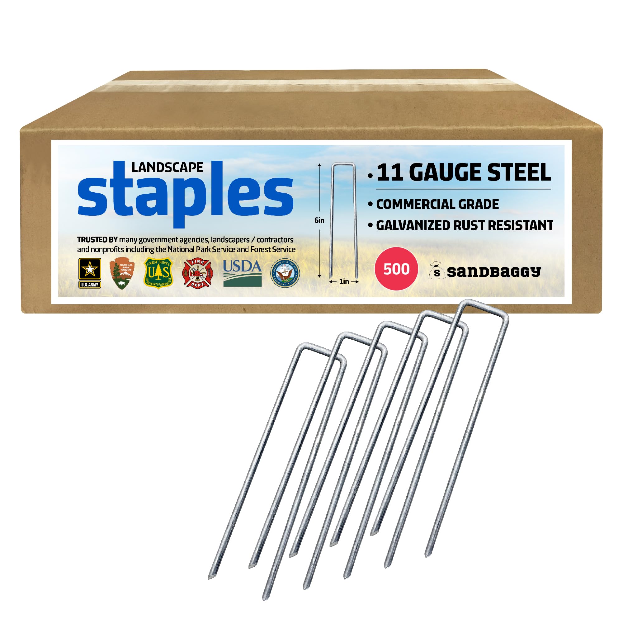 Sandbaggy 6-inch galvanized landscape staples secure heavy fabric in windy settings.