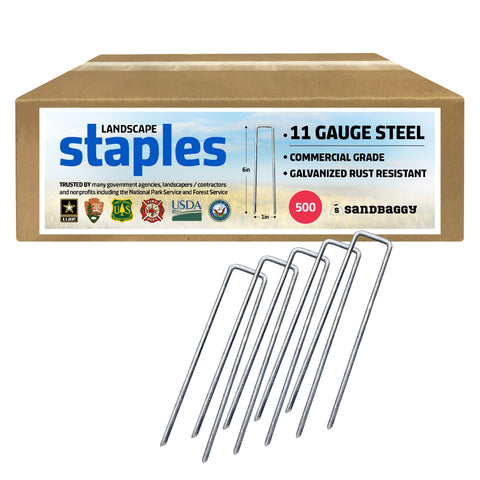 Sandbaggy 6-inch galvanized landscape staples secure heavy fabric in windy settings.