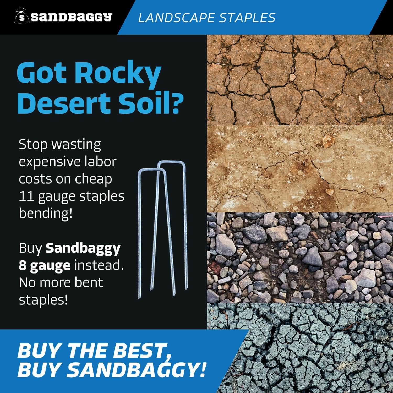 Thick Sandbaggy anchors resist bending during installation