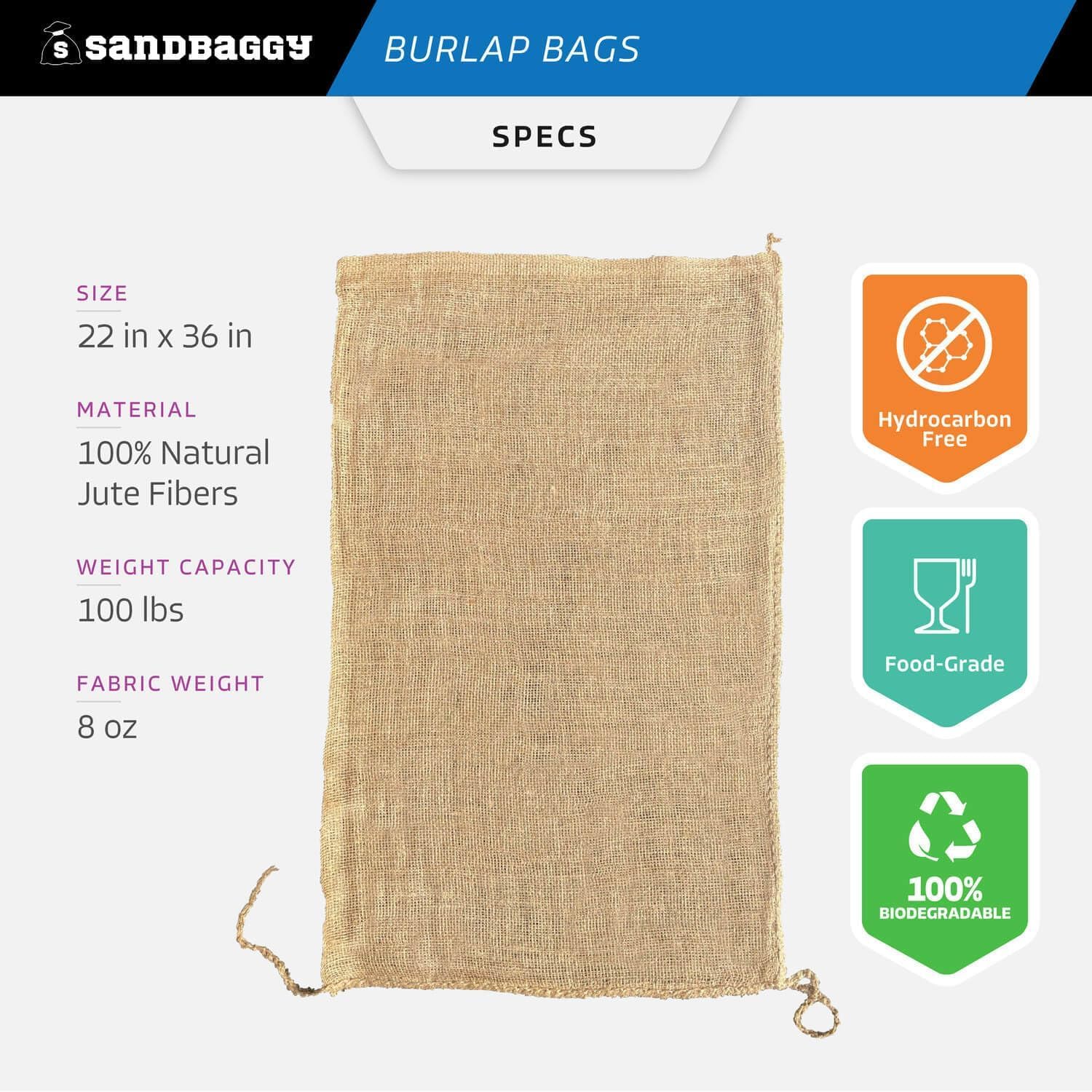 Sandbaggy burlap bag with 50 lb capacity for bulk storage