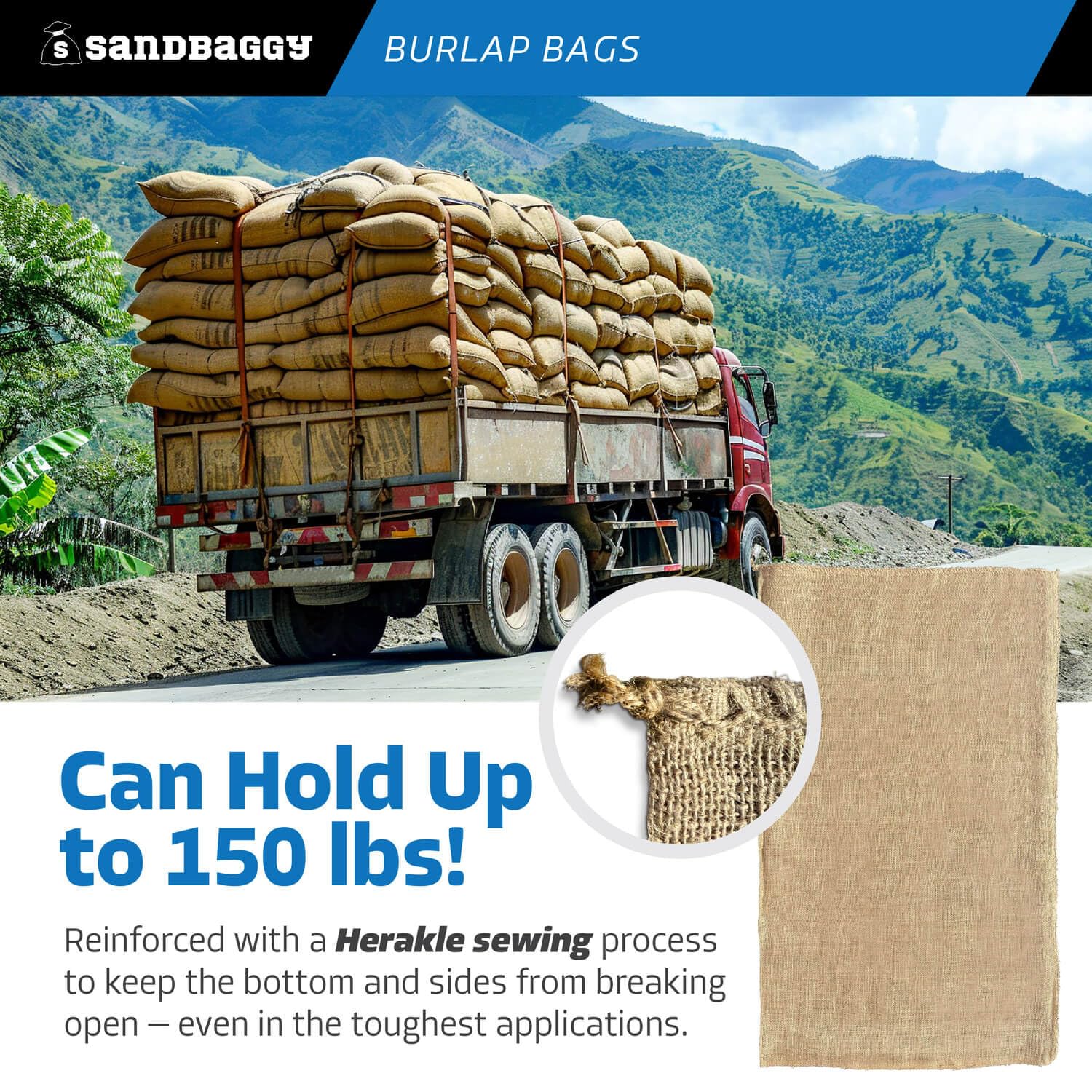 Sandbaggy food-grade burlap packaging suitable for grains and produce.