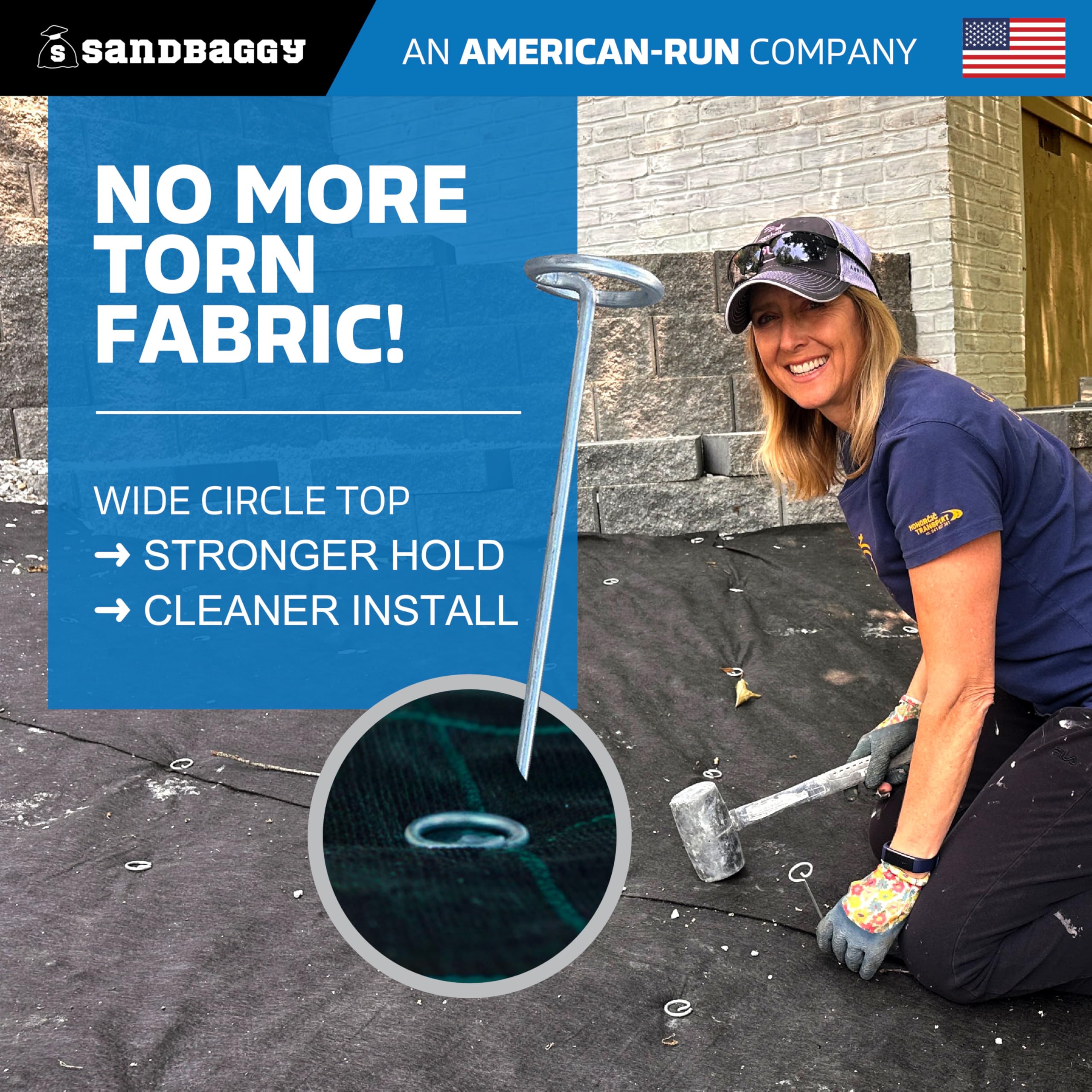 Sandbaggy circle-top landscape pin resists bending in rocky soil during installation.