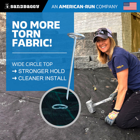 Sandbaggy circle-top landscape pin resists bending in rocky soil during installation.