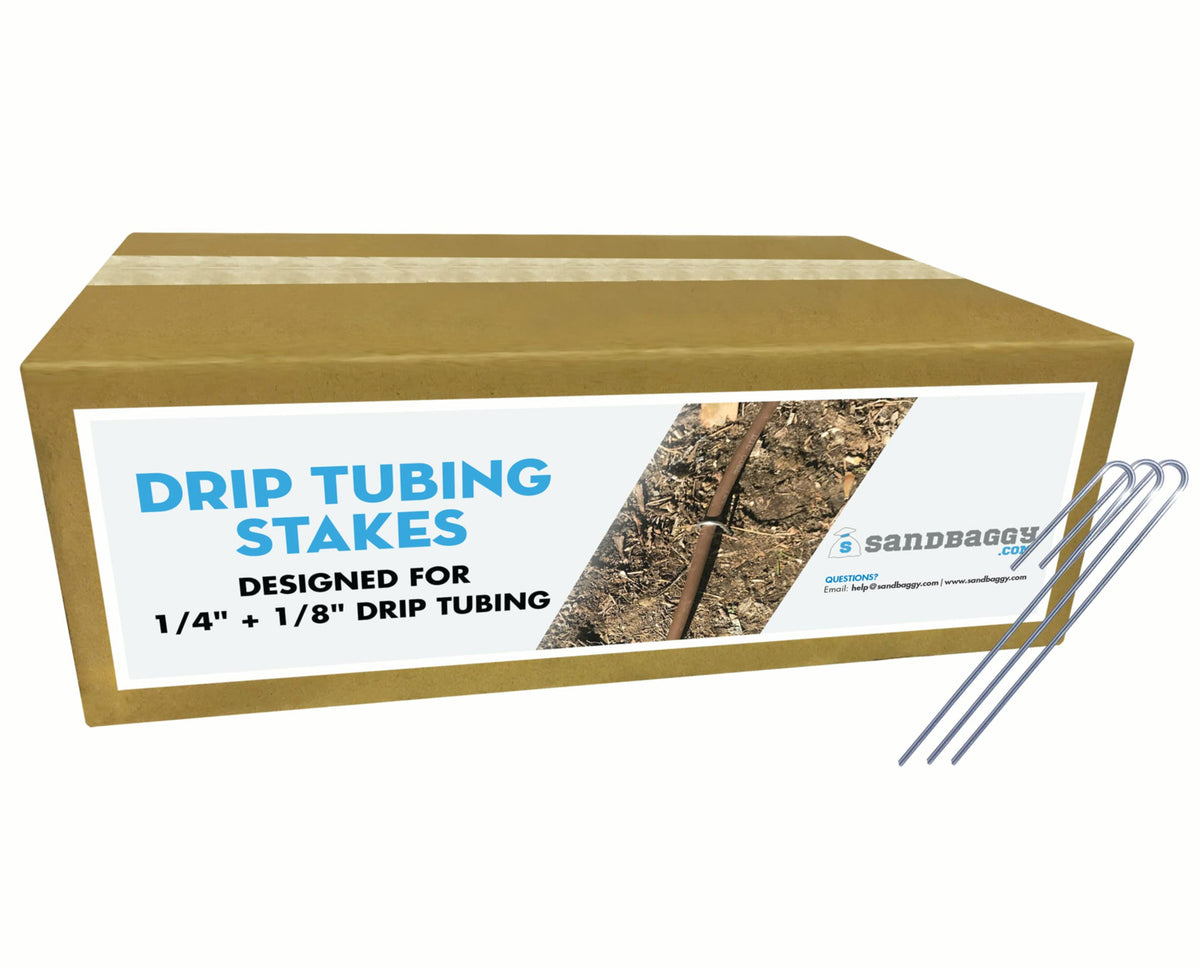 Sandbaggy drip tubing stakes top view secure 1/4 inch tubing