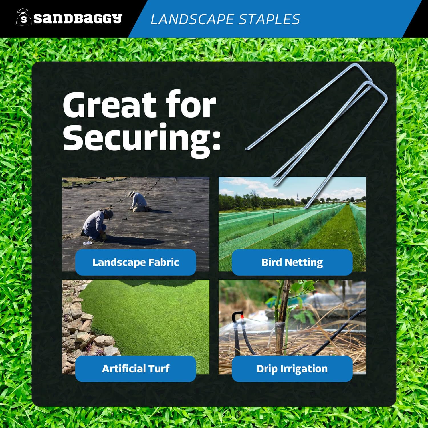 Sandbaggy staples pierce rocky soil for reliable installation