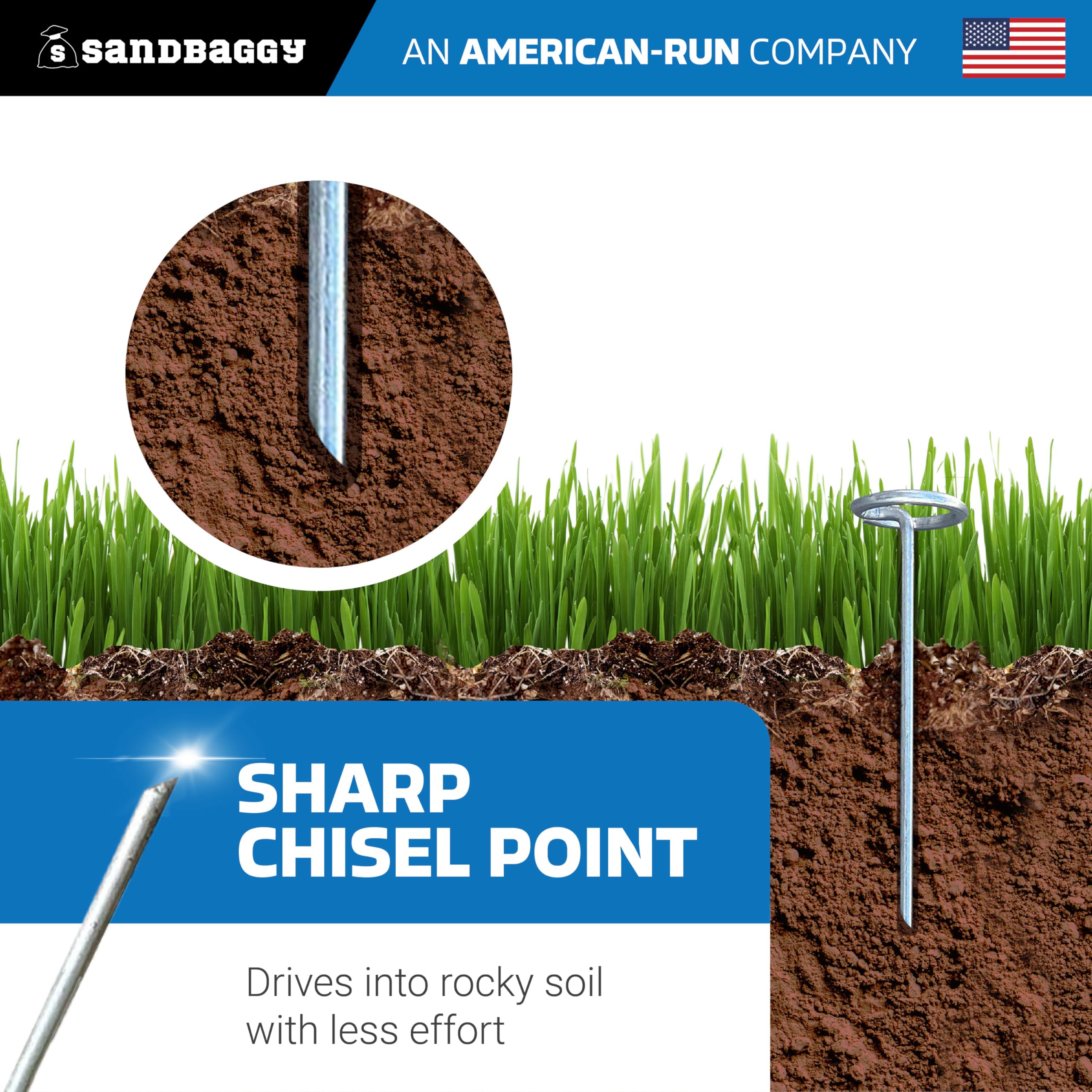 Sandbaggy durable ground stake supports tarps and fencing in gardens.