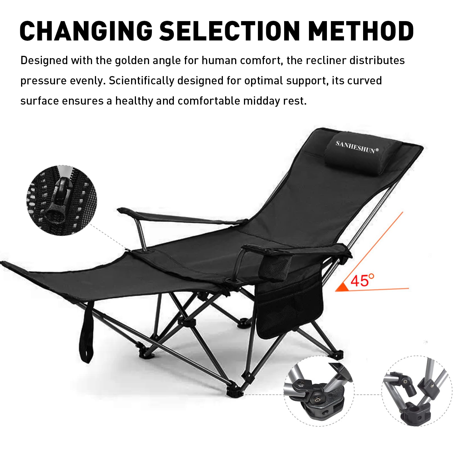Sanheshun Zero Gravity Chair steel frame and anti-sink feet for stable seating on grass or sand.