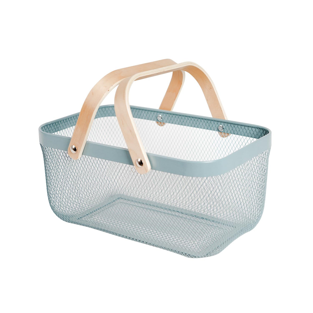 SANHSEHOME harvest basket in blue metal mesh, ideal for collecting fresh produce.