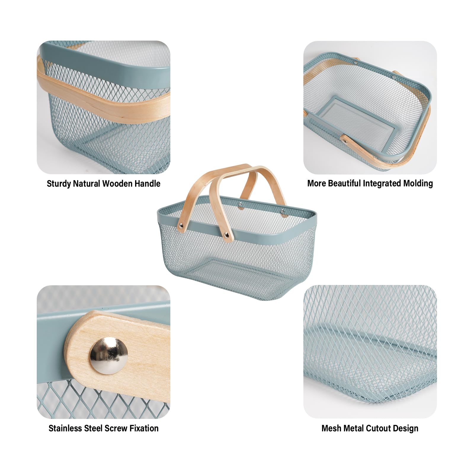 SANHSEHOME rectangle basket with wooden handles, seamless design for easy cleaning.