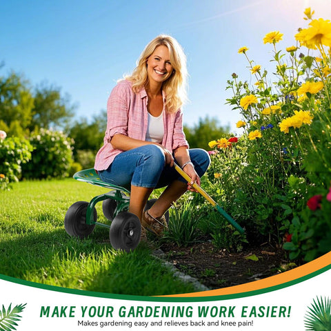 SANMEO rolling garden stool with heavy-duty frame withstands outdoor use.