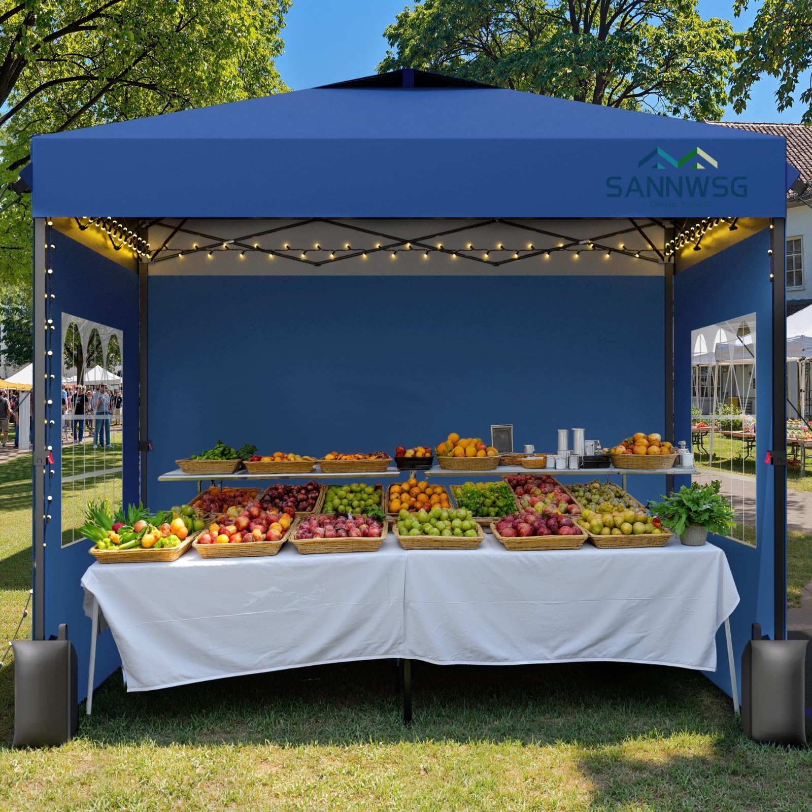 Sannwsg 10x10 blue pop up canopy fully set up for shade