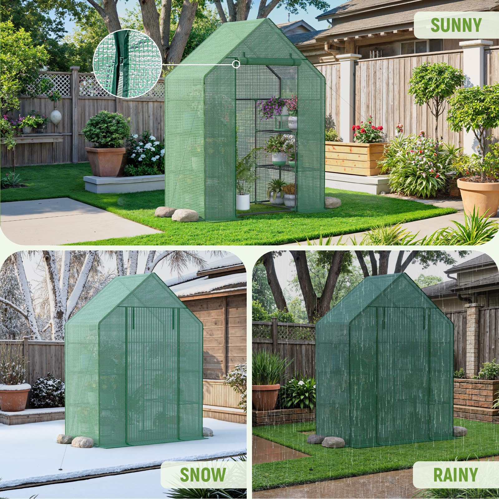 Sannwsg greenhouse with detachable components for easy setup
