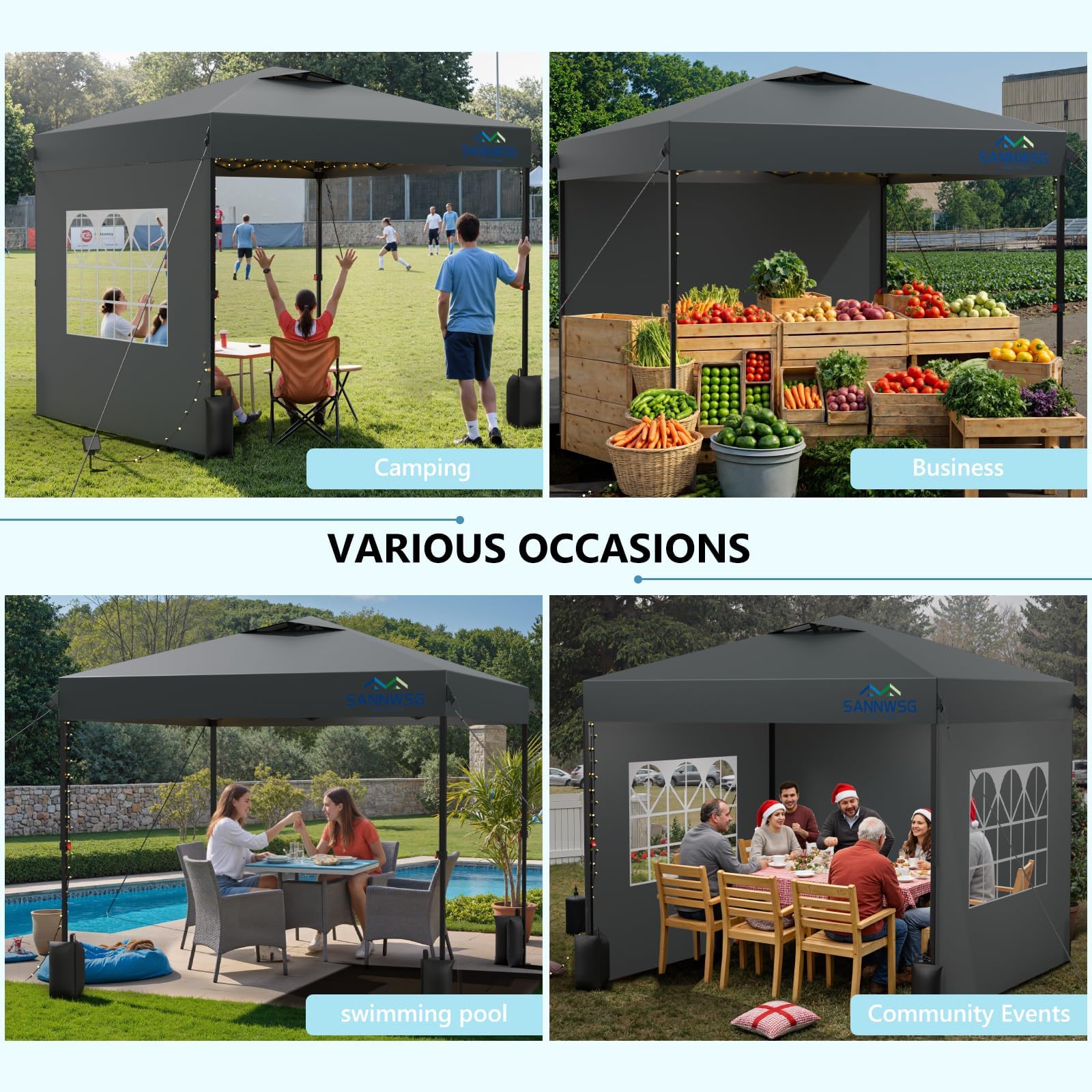 Sannwsg outdoor event use case shows seating for 8 to 10 under shade