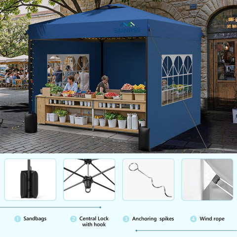 Sannwsg stable setup with sandbags and wind ropes for outdoor use