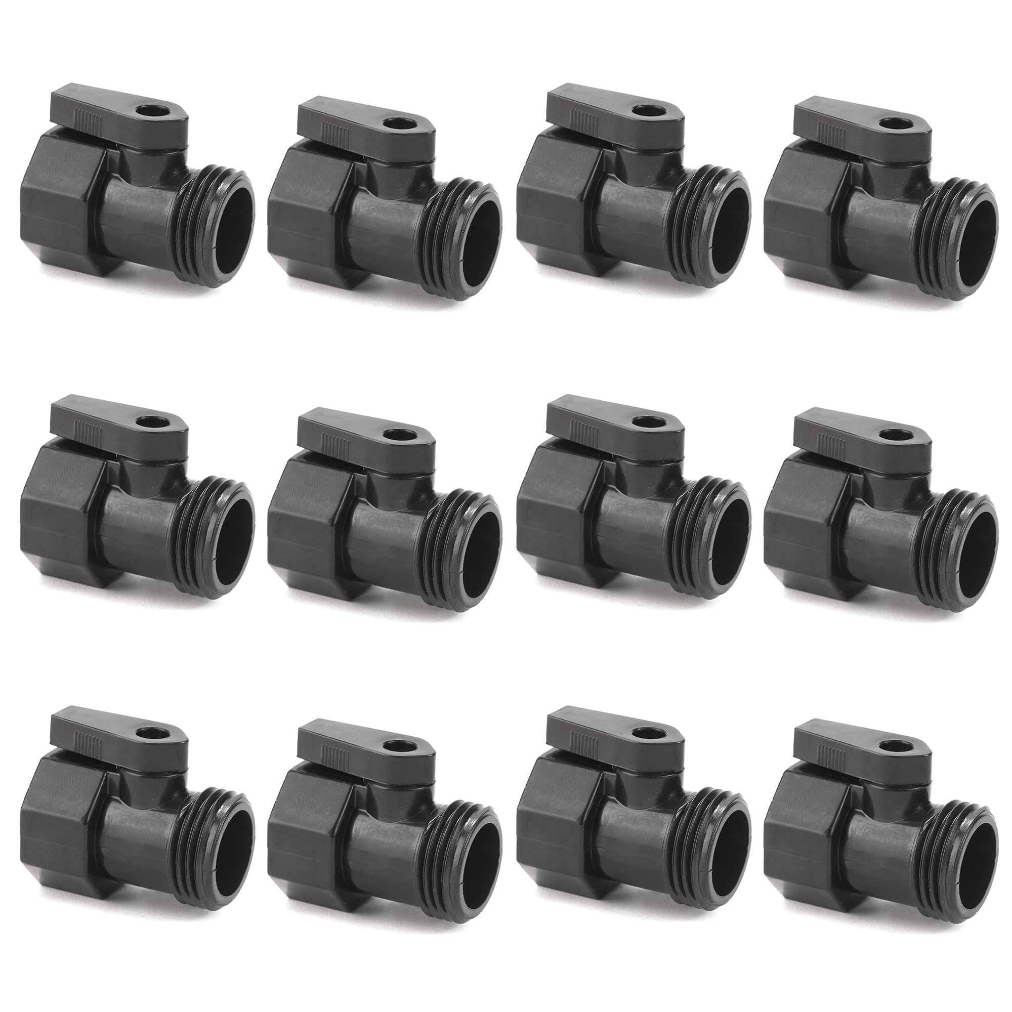 Sanpaint 12-pack garden hose shut off valve closeup showing sturdy plastic construction for leak resistance.