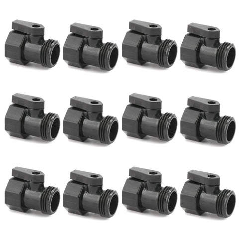 Sanpaint 12-pack garden hose shut off valve closeup showing sturdy plastic construction for leak resistance.