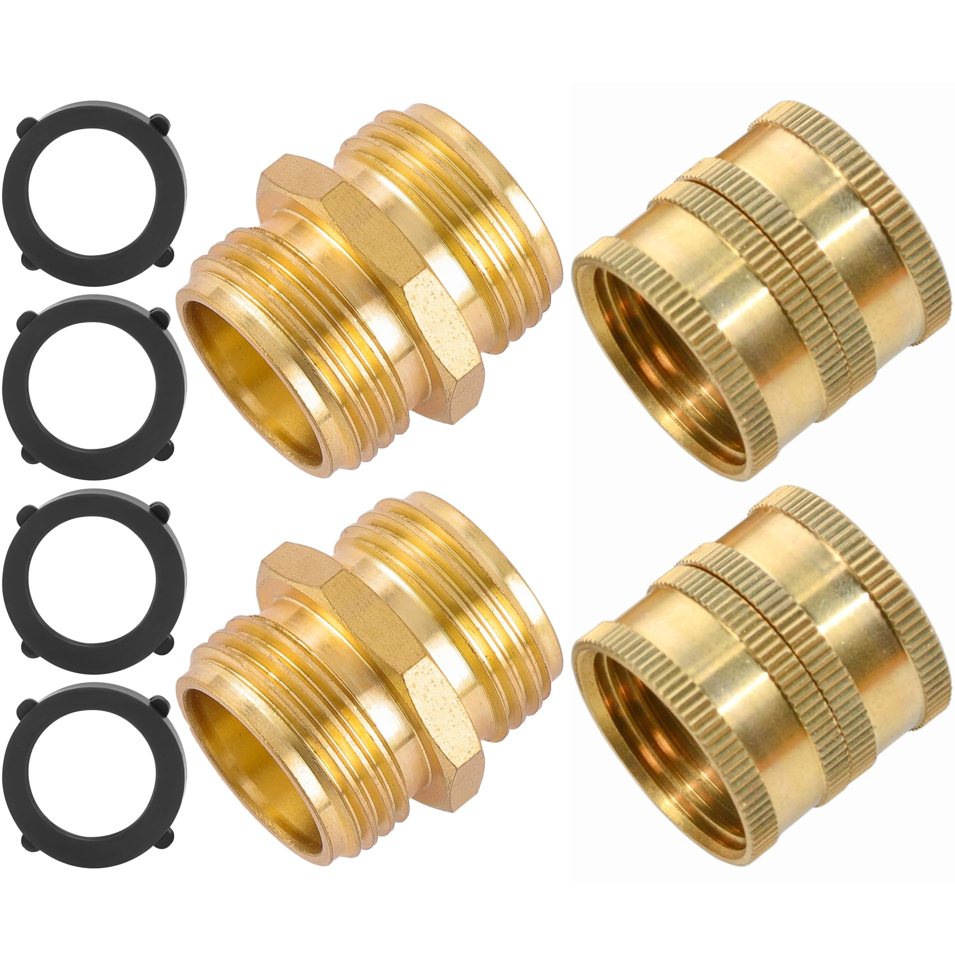 Sanpaint 4-pack brass hose connectors male-to-male for quick, leak-free linking.