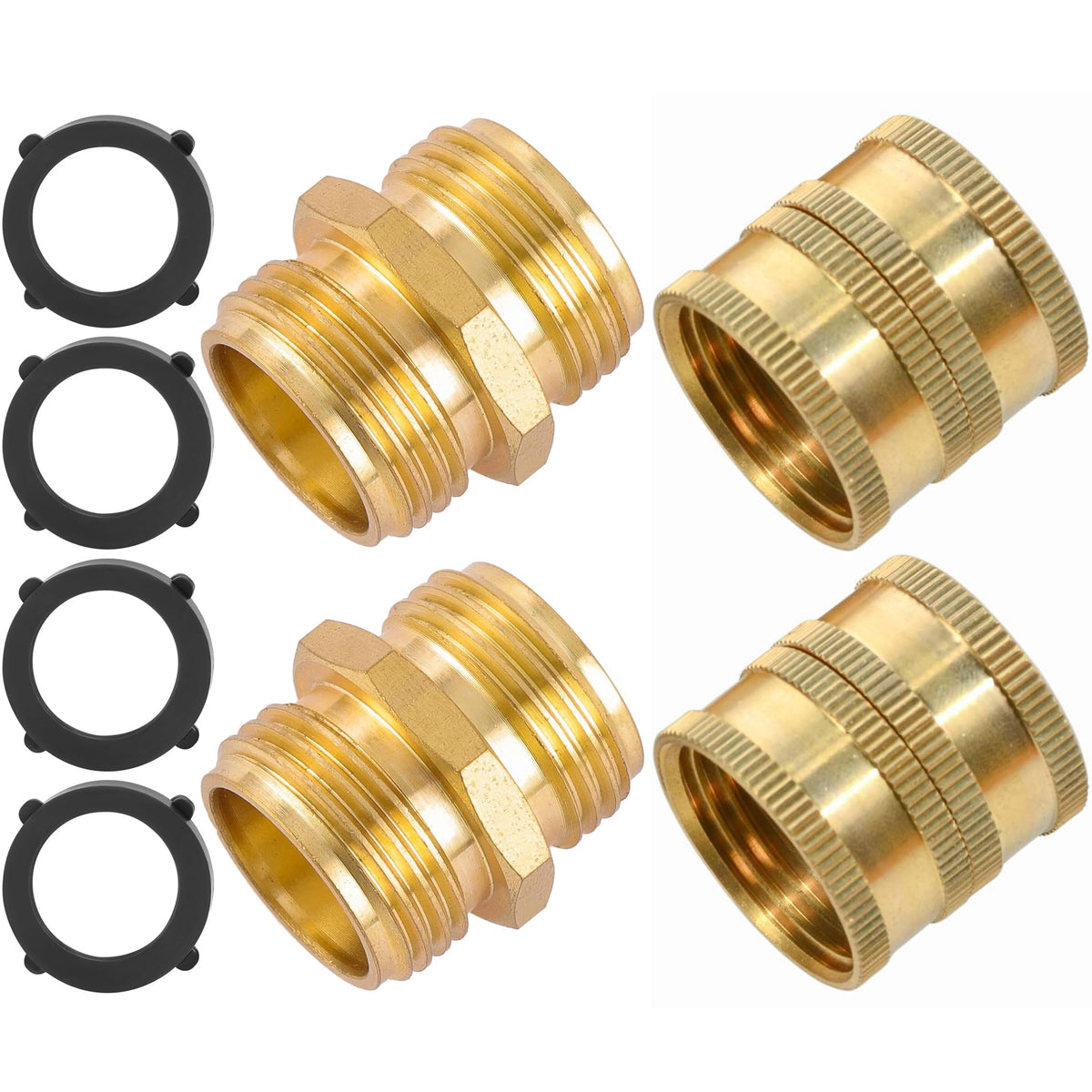 Sanpaint 4-pack brass hose connectors male-to-male for quick, leak-free linking.