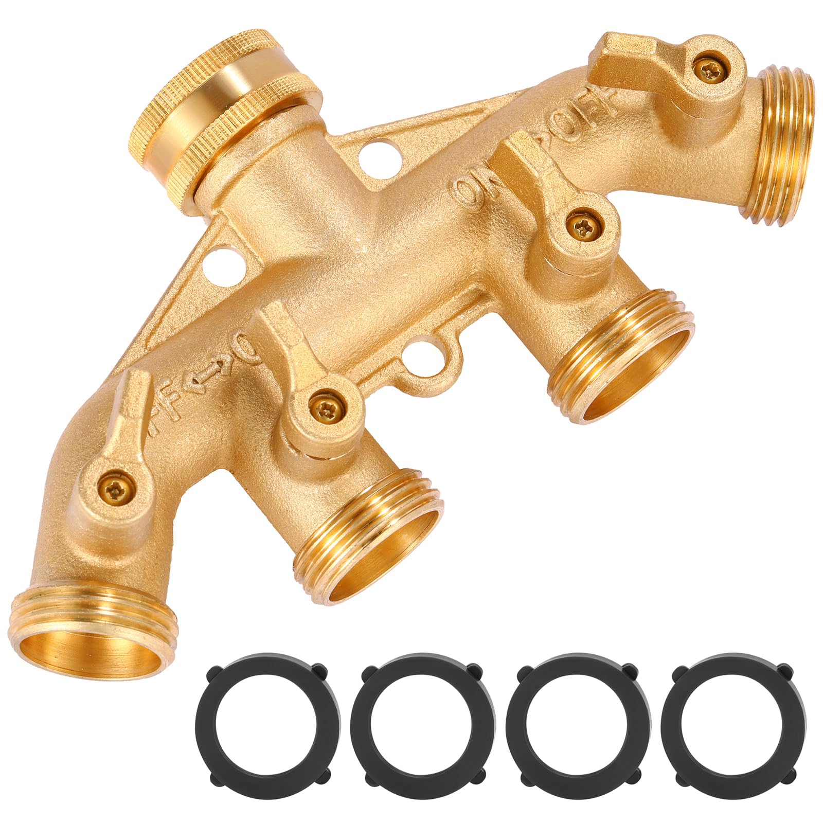 Sanpaint 4 Way Brass Hose Splitter front view showing four outlets for multitasking watering
