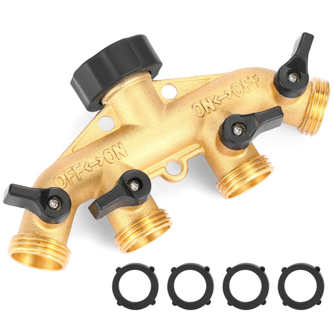 Sanpaint 4-way hose splitter front view with four independent valves for versatile watering.