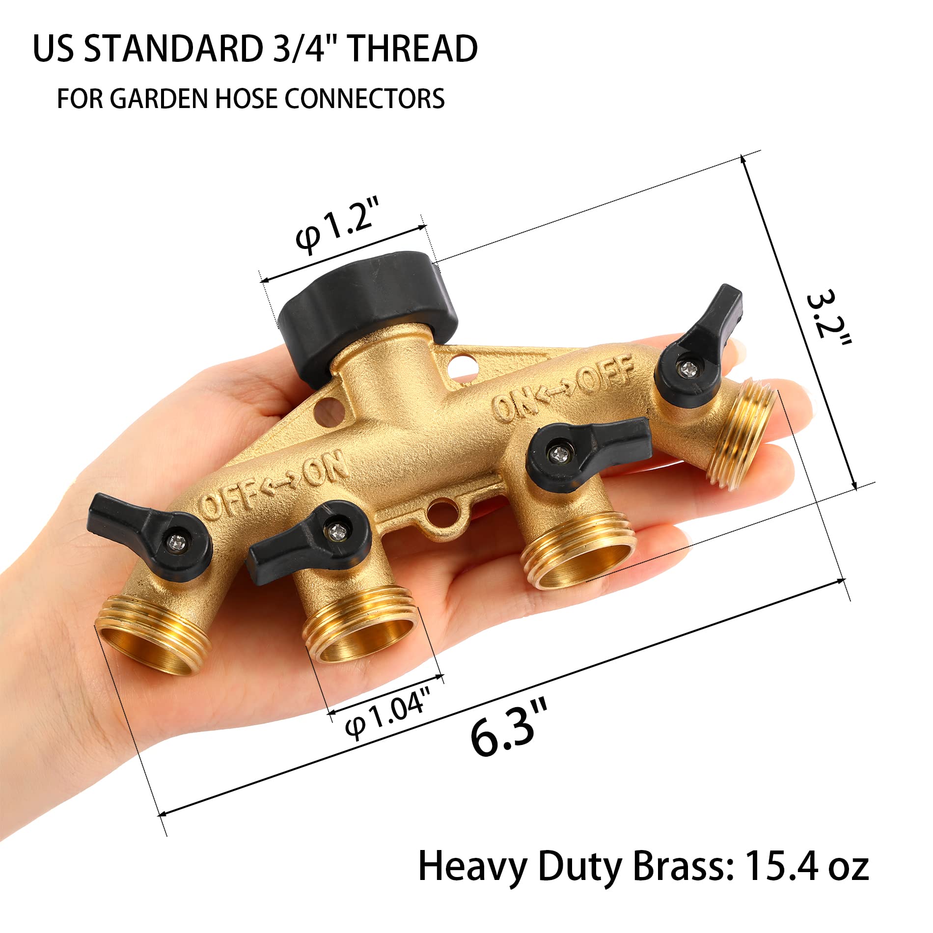 Sanpaint 4-way hose splitter side view highlighting brass body and compact design for easy installation.