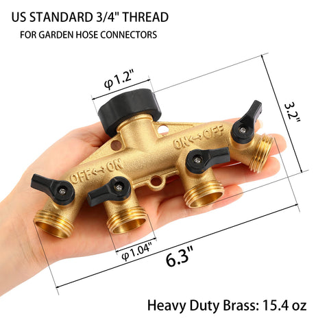 Sanpaint 4-way hose splitter side view highlighting brass body and compact design for easy installation.