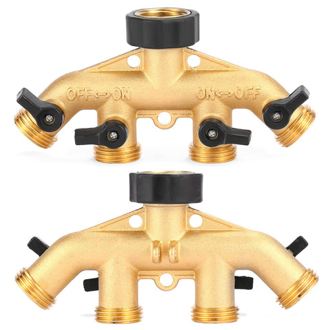 Sanpaint brass hose splitter close-up showing individual valve control in action.