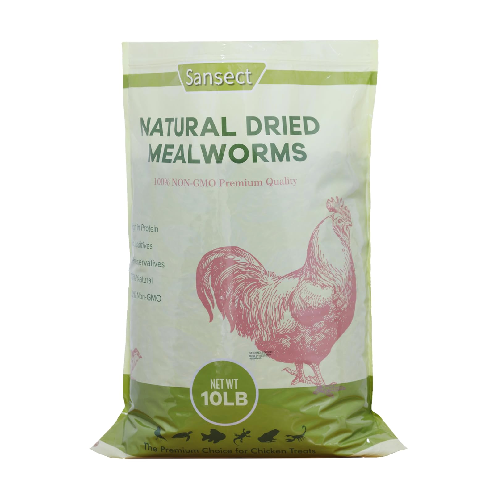 SANSECT dried mealworms bag close-up, high-protein poultry snack