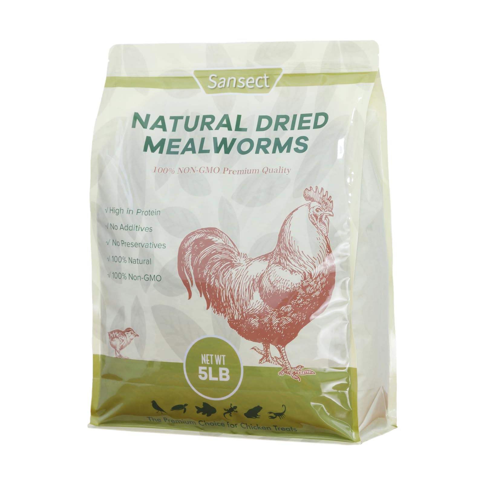 SANSECT dried mealworms bulk bag shown for easy storage and feeding.