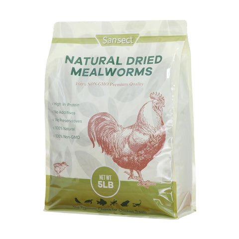SANSECT dried mealworms bulk bag shown for easy storage and feeding.
