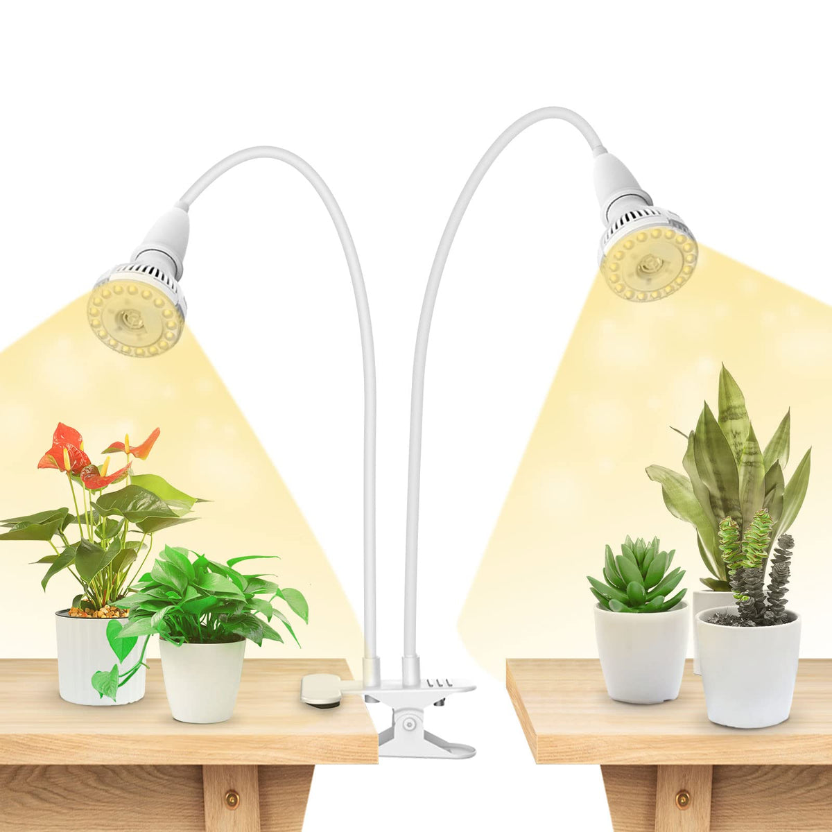 SANSI clip-on gooseneck grow light shows flexible positioning for indoor lighting, ideal for seed starting in small spaces.