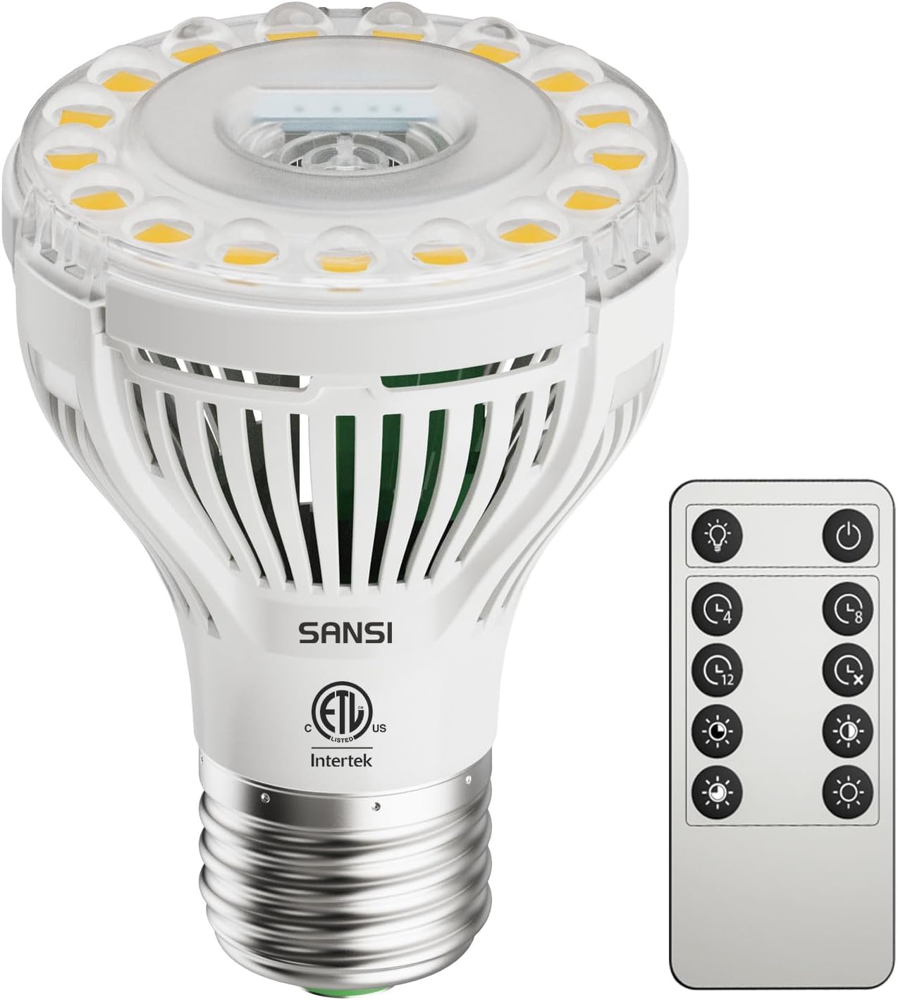 SANSI dimmable grow light bulb close-up illustrating compact PAR20 design for efficient indoor plant lighting