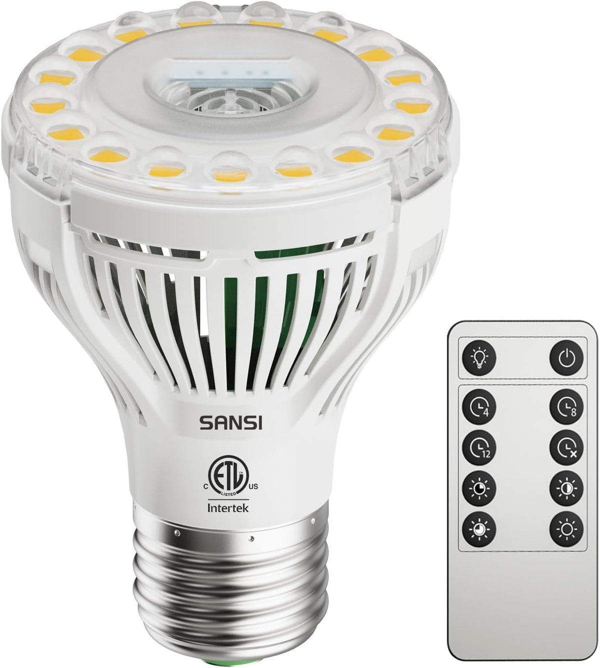 SANSI dimmable grow light bulb close-up illustrating compact PAR20 design for efficient indoor plant lighting