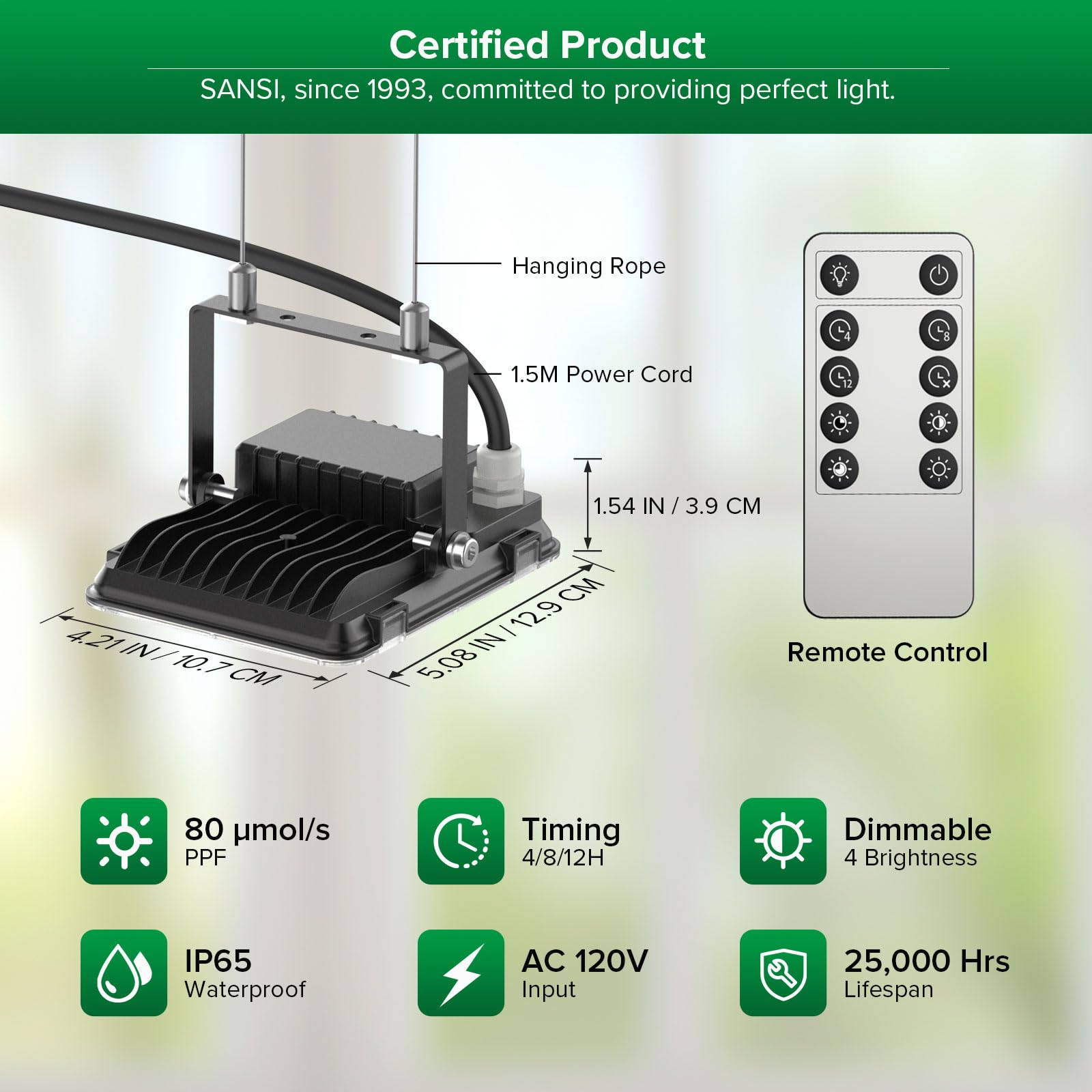 SANSI IP65 waterproof grow light suitable for indoor and sheltered outdoor use