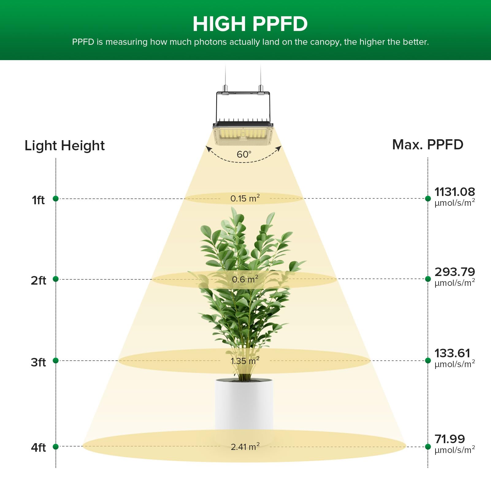 SANSI grow light at 1 ft PPFD 1131.8 umol m-2 s-1 detail