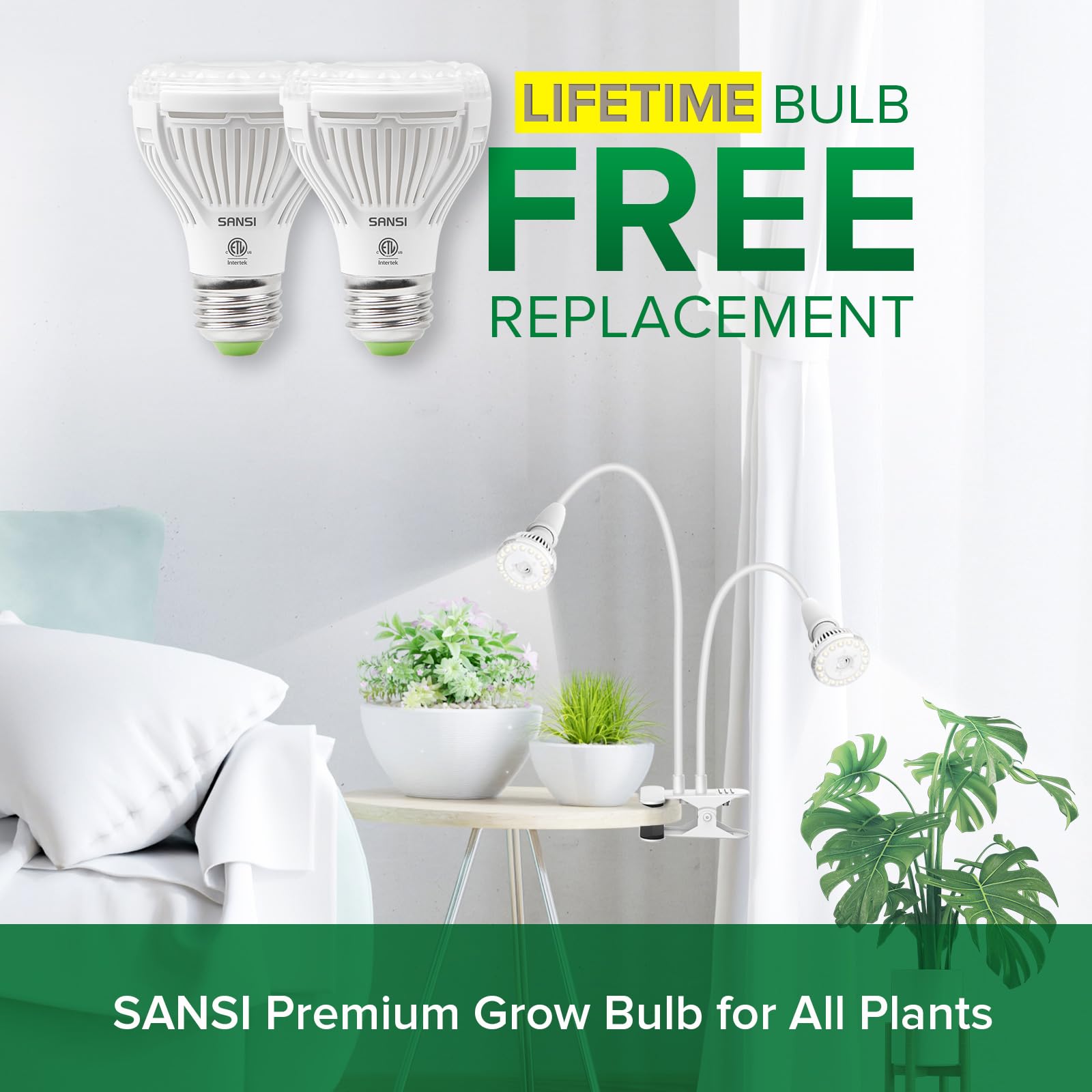 SANSI full-spectrum plant light delivering 4000K daylight for vibrant indoor growth.