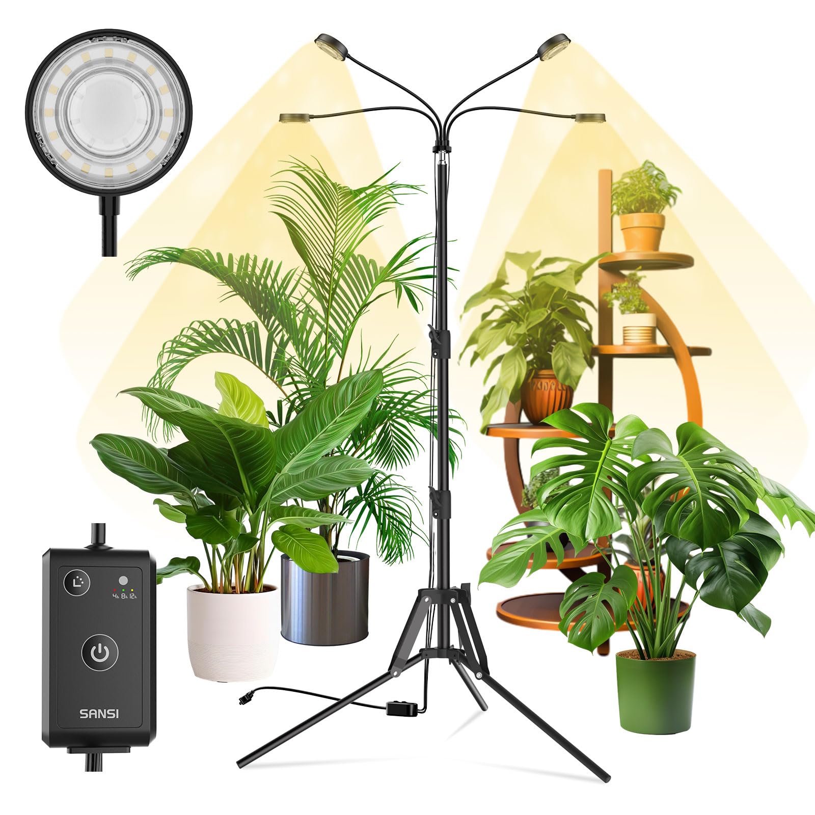SANSI four-head dimmable grow lights deliver full-spectrum daylight for indoor plants.