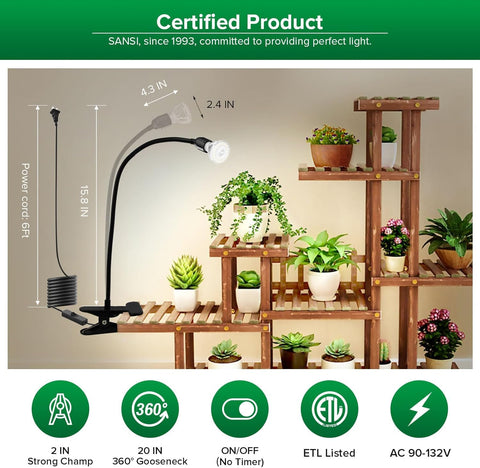 SANSI gooseneck clip light offers 360° flexibility for plant placement.