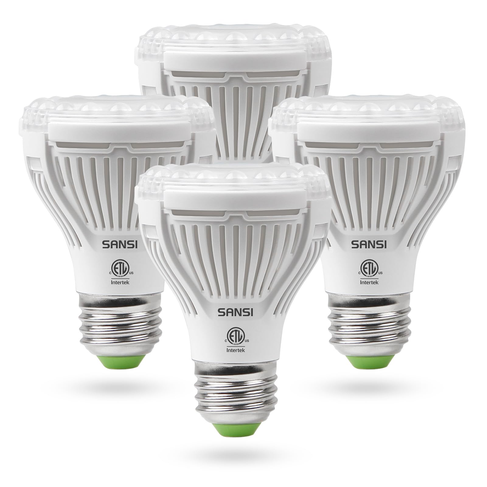 SANSI LED grow light bulb in packaging for a 4-pack indoor seeds and greens setup.