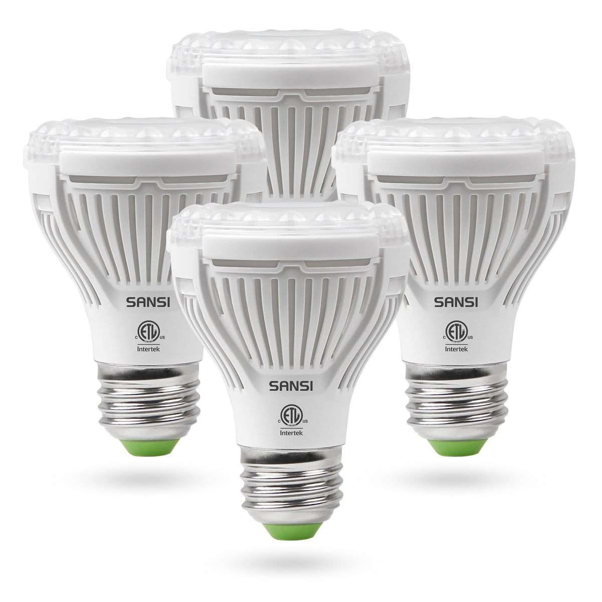 SANSI LED grow light bulb in packaging for a 4-pack indoor seeds and greens setup.