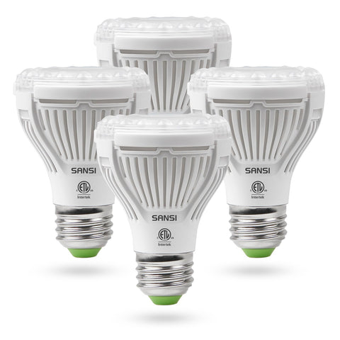 SANSI LED grow light bulb in packaging for a 4-pack indoor seeds and greens setup.