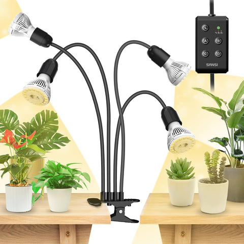 SANSI LED grow light with clip and four goosenecks for flexible placement on desks and shelves.