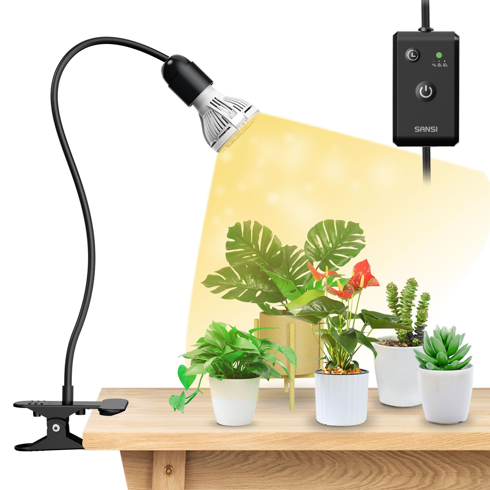 SANSI LED grow light on a gooseneck clip offering full-spectrum coverage for indoor plants.