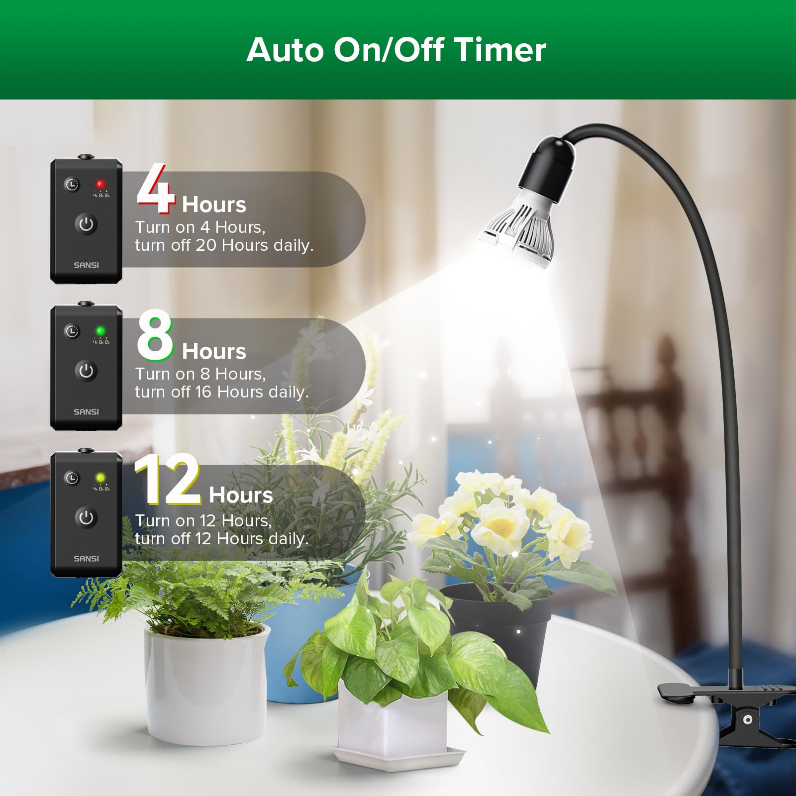 SANSI grow light timer control showing 4/8/12 hour cycle options for automatic lighting.