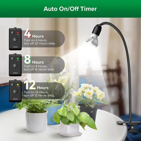 SANSI grow light timer control showing 4/8/12 hour cycle options for automatic lighting.