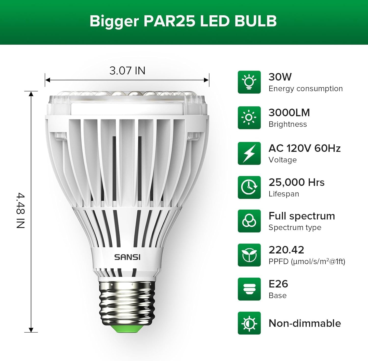 SANSI PAR25 30W bulb angled view highlighting 660nm red supplement for flowering