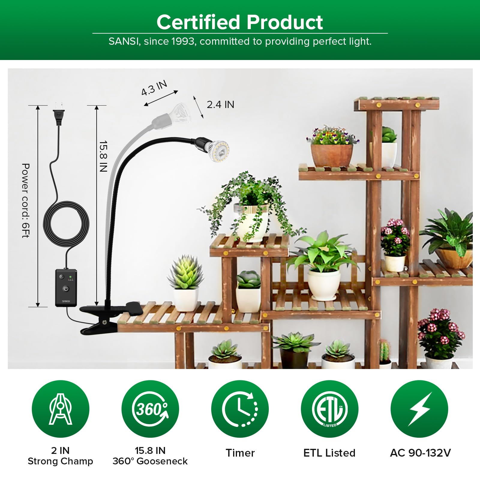 SANSI light mounted on desk, plant stand, or hanging setup for flexible placement.